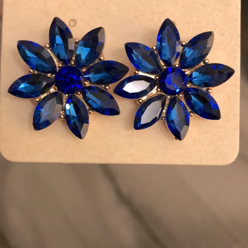 Sapphire Blue + Gold Crystal Flower Statement Earrings